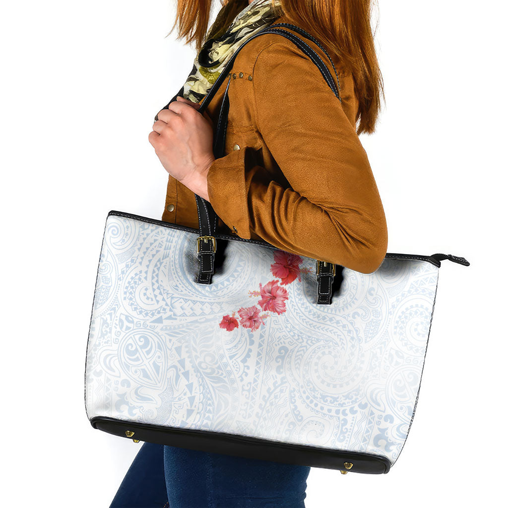 Hawaiian Tribal Tattoo and Hibiscus Leather Tote Bag Polynesian Pattern Airy White Blue Cloud