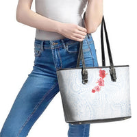 Hawaiian Tribal Tattoo and Hibiscus Leather Tote Bag Polynesian Pattern Airy White Blue Cloud