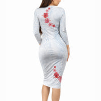 Hawaiian Tribal Tattoo and Hibiscus Long Sleeve Bodycon Dress Polynesian Pattern Airy White Blue Cloud
