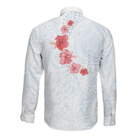 Hawaiian Tribal Tattoo and Hibiscus Long Sleeve Button Shirt Polynesian Pattern Airy White Blue Cloud