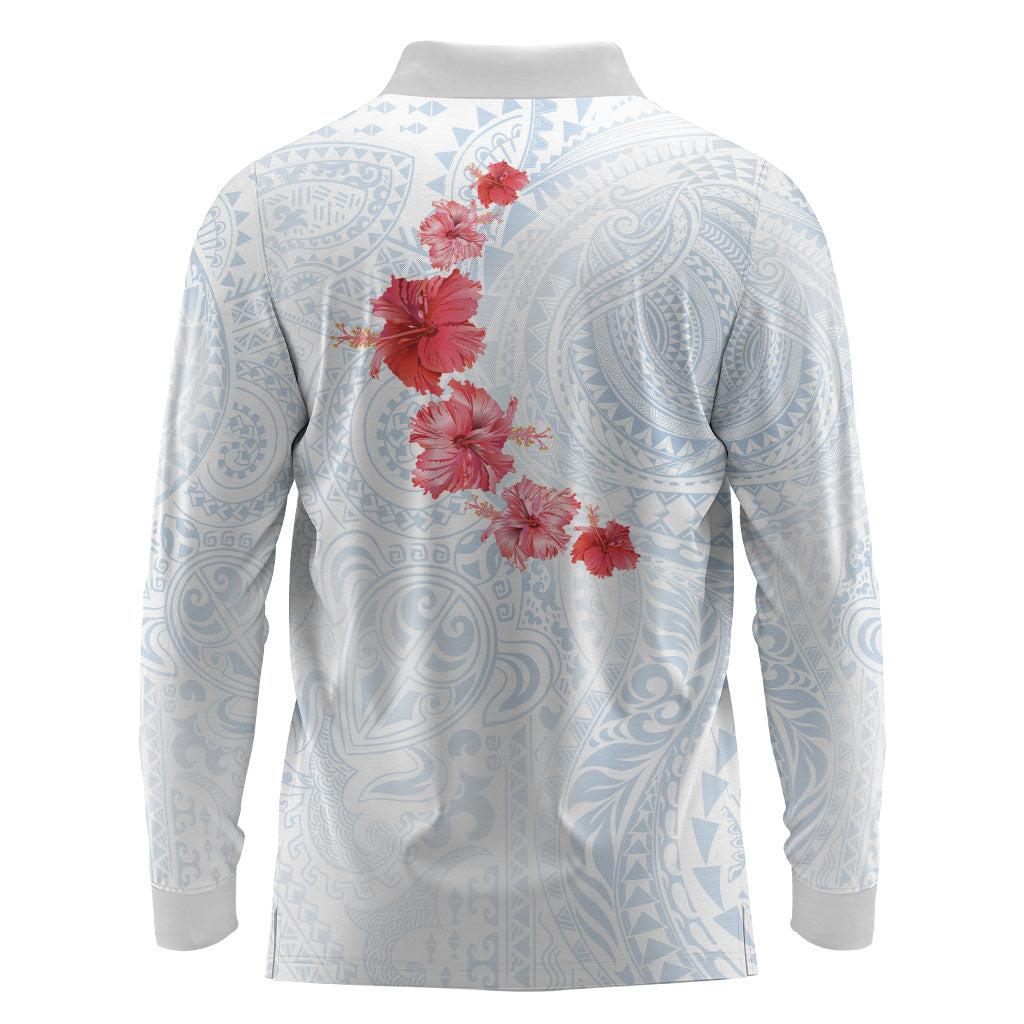 Hawaiian Tribal Tattoo and Hibiscus Long Sleeve Polo Shirt Polynesian Pattern Airy White Blue Cloud