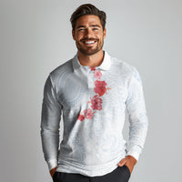 Hawaiian Tribal Tattoo and Hibiscus Long Sleeve Polo Shirt Polynesian Pattern Airy White Blue Cloud