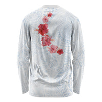 Hawaiian Tribal Tattoo and Hibiscus Long Sleeve Shirt Polynesian Pattern Airy White Blue Cloud