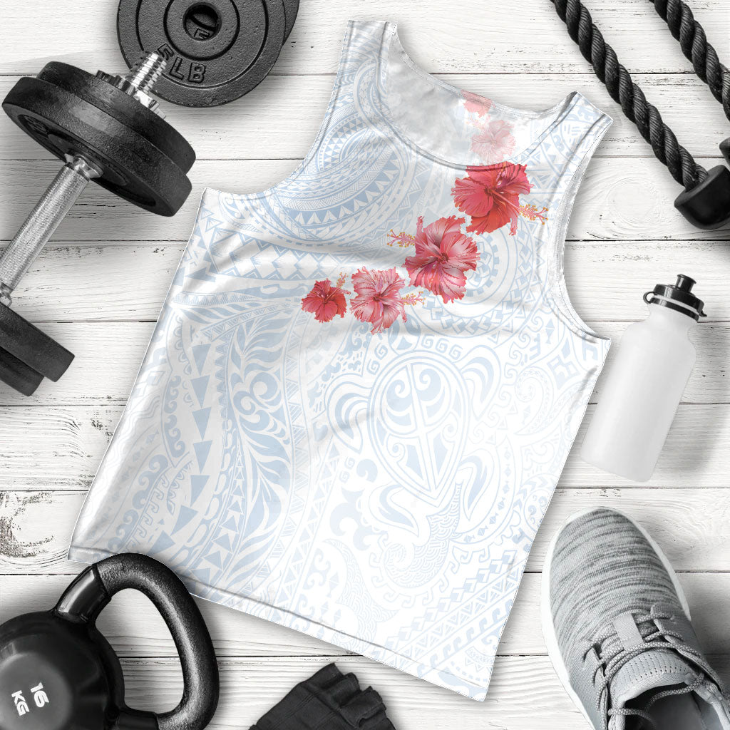 Hawaiian Tribal Tattoo and Hibiscus Men Tank Top Polynesian Pattern Airy White Blue Cloud