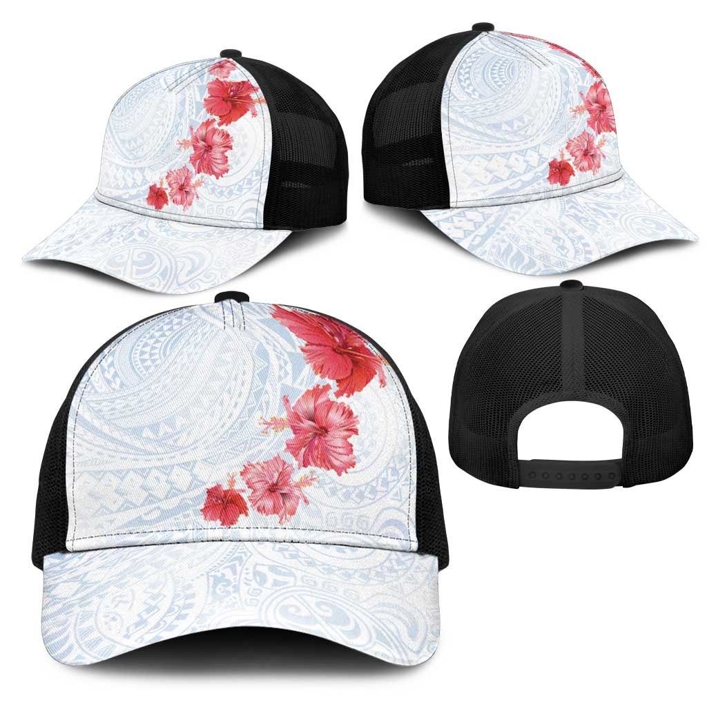 Hawaiian Tribal Tattoo and Hibiscus Mesh Trucker Cap Polynesian Pattern Airy White Blue Cloud