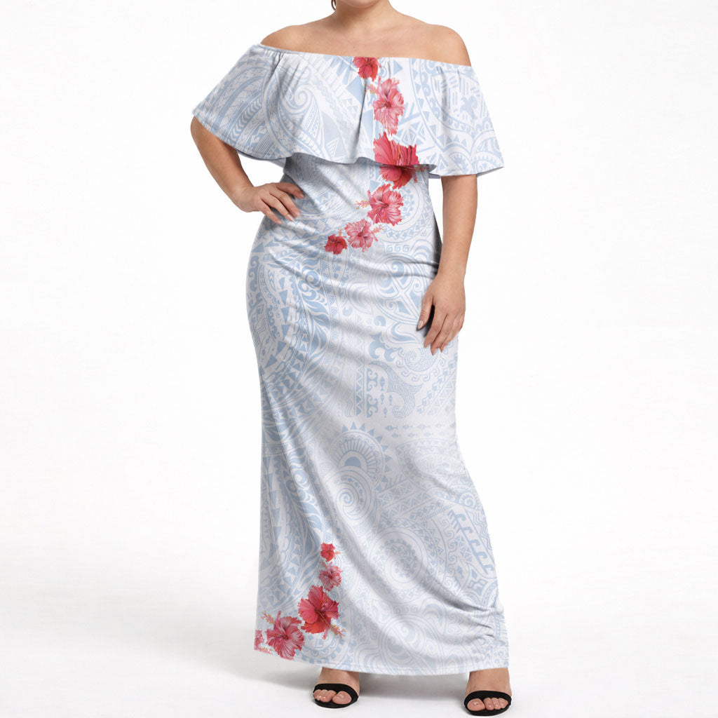 Hawaiian Tribal Tattoo and Hibiscus Off Shoulder Maxi Dress Polynesian Pattern Airy White Blue Cloud