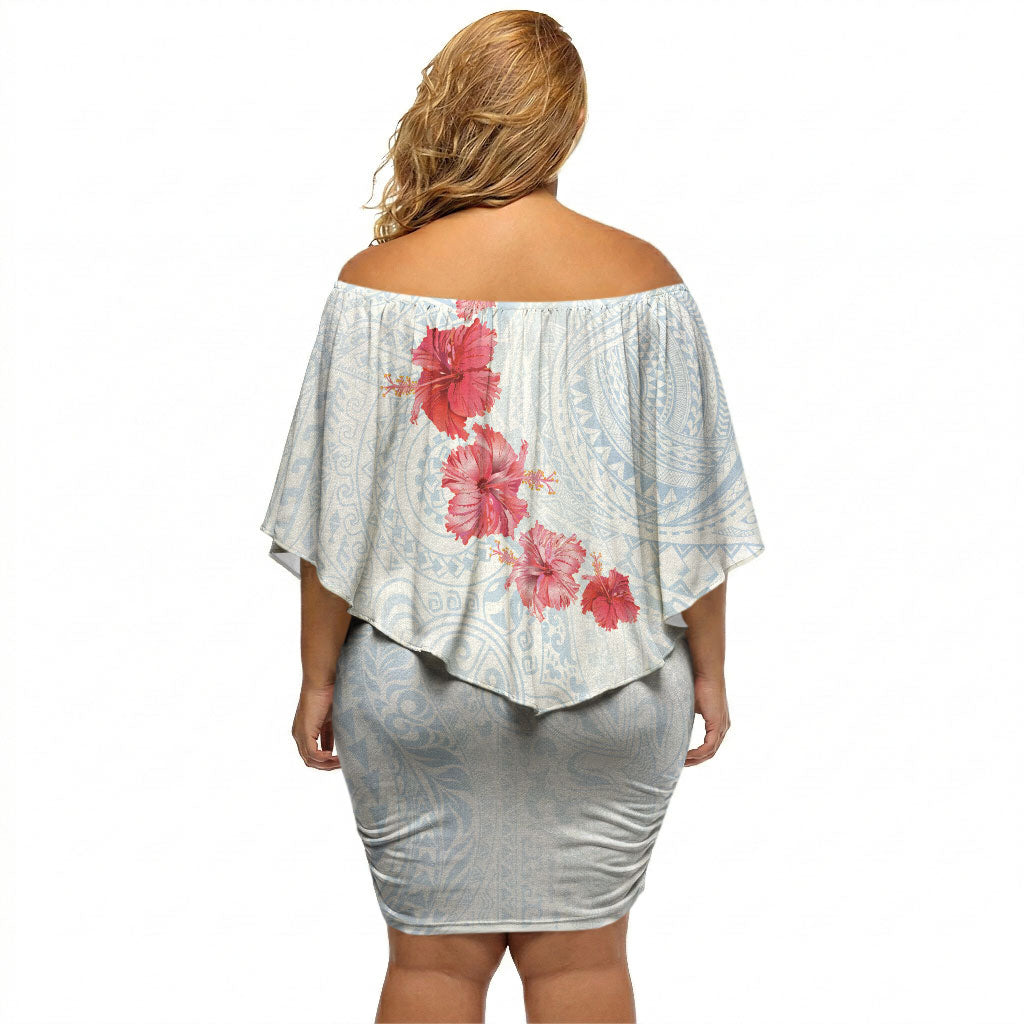 Hawaiian Tribal Tattoo and Hibiscus Off Shoulder Short Dress Polynesian Pattern Airy White Blue Cloud