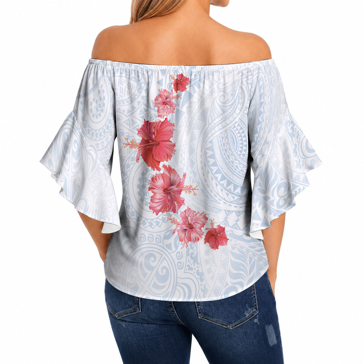 Hawaiian Tribal Tattoo and Hibiscus Off Shoulder Wrap Waist Top Polynesian Pattern Airy White Blue Cloud
