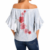 Hawaiian Tribal Tattoo and Hibiscus Off Shoulder Wrap Waist Top Polynesian Pattern Airy White Blue Cloud