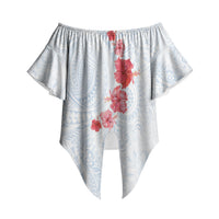 Hawaiian Tribal Tattoo and Hibiscus Off Shoulder Wrap Waist Top Polynesian Pattern Airy White Blue Cloud