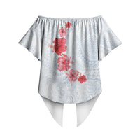Hawaiian Tribal Tattoo and Hibiscus Off Shoulder Wrap Waist Top Polynesian Pattern Airy White Blue Cloud