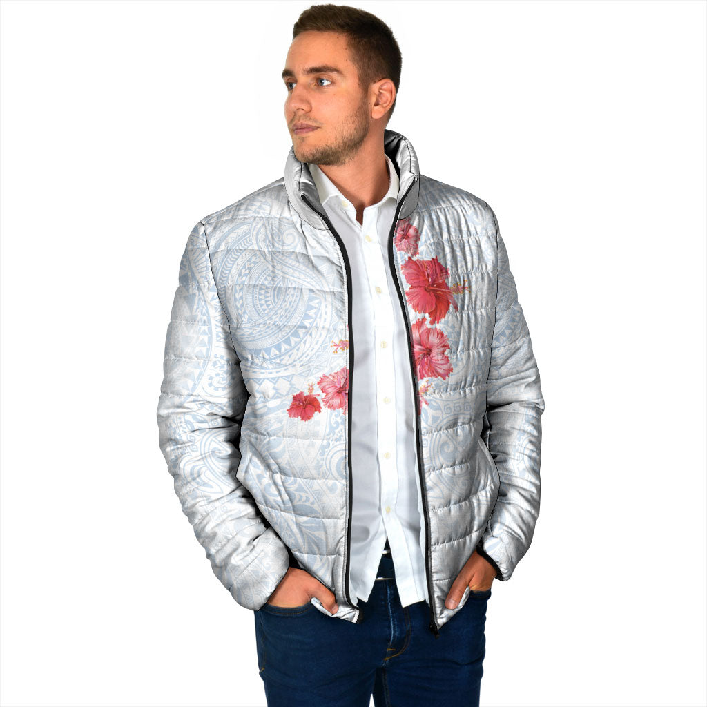 Hawaiian Tribal Tattoo and Hibiscus Padded Jacket Polynesian Pattern Airy White Blue Cloud