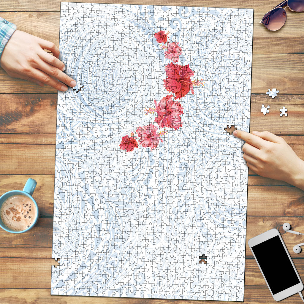 Hawaiian Tribal Tattoo and Hibiscus Puzzle Polynesian Pattern Airy White Blue Cloud