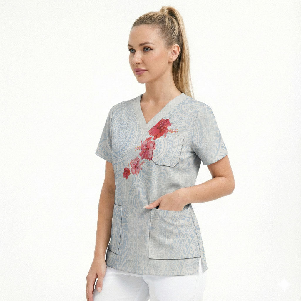Hawaiian Tribal Tattoo and Hibiscus Scrub Top Polynesian Pattern Airy White Blue Cloud