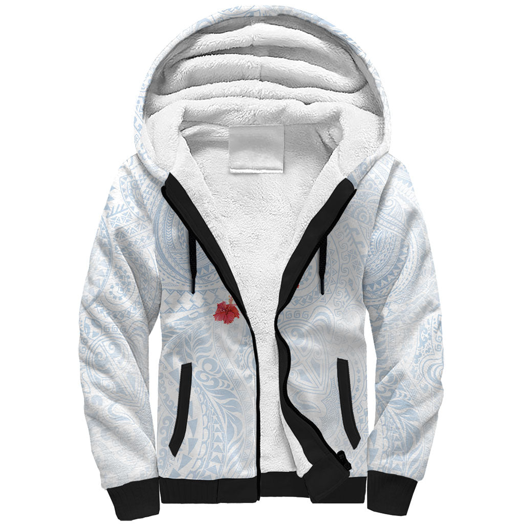 Hawaiian Tribal Tattoo and Hibiscus Sherpa Hoodie Polynesian Pattern Airy White Blue Cloud