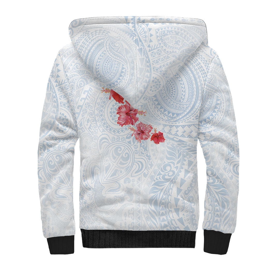 Hawaiian Tribal Tattoo and Hibiscus Sherpa Hoodie Polynesian Pattern Airy White Blue Cloud