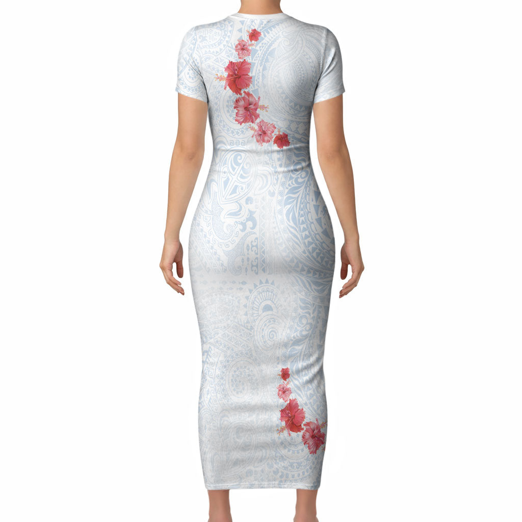 Hawaiian Tribal Tattoo and Hibiscus Short Sleeve Bodycon Dress Polynesian Pattern Airy White Blue Cloud