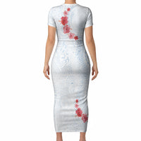 Hawaiian Tribal Tattoo and Hibiscus Short Sleeve Bodycon Dress Polynesian Pattern Airy White Blue Cloud