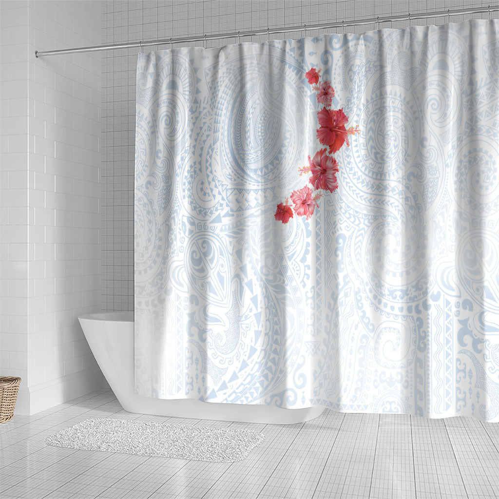 Hawaiian Tribal Tattoo and Hibiscus Shower Curtain Polynesian Pattern Airy White Blue Cloud