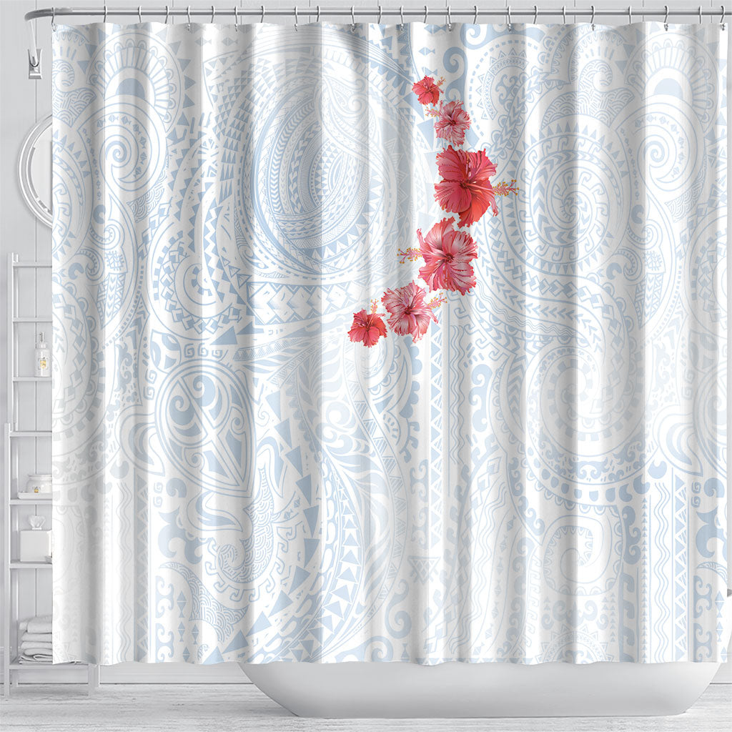 Hawaiian Tribal Tattoo and Hibiscus Shower Curtain Polynesian Pattern Airy White Blue Cloud
