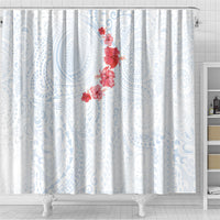 Hawaiian Tribal Tattoo and Hibiscus Shower Curtain Polynesian Pattern Airy White Blue Cloud