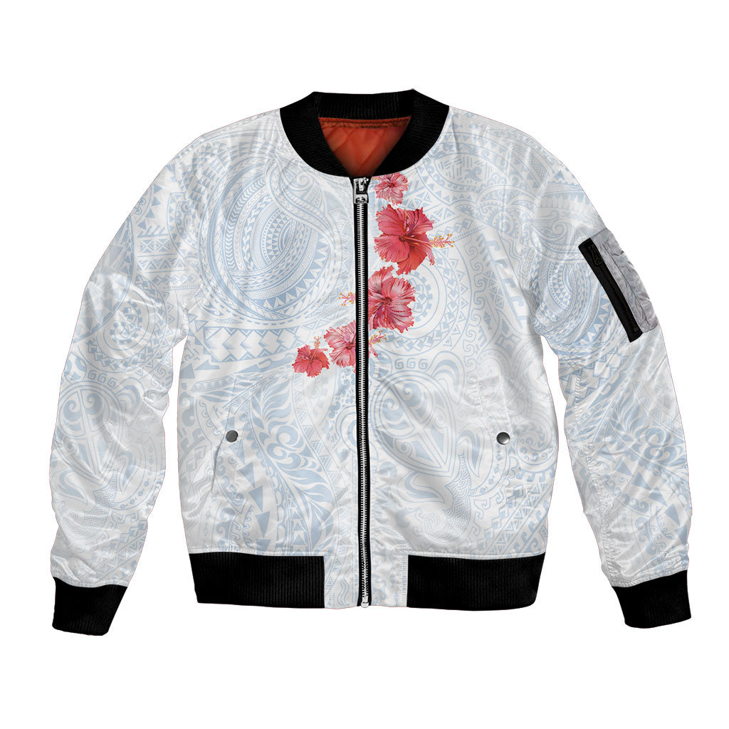 Hawaiian Tribal Tattoo and Hibiscus Sleeve Zip Bomber Jacket Polynesian Pattern Airy White Blue Cloud