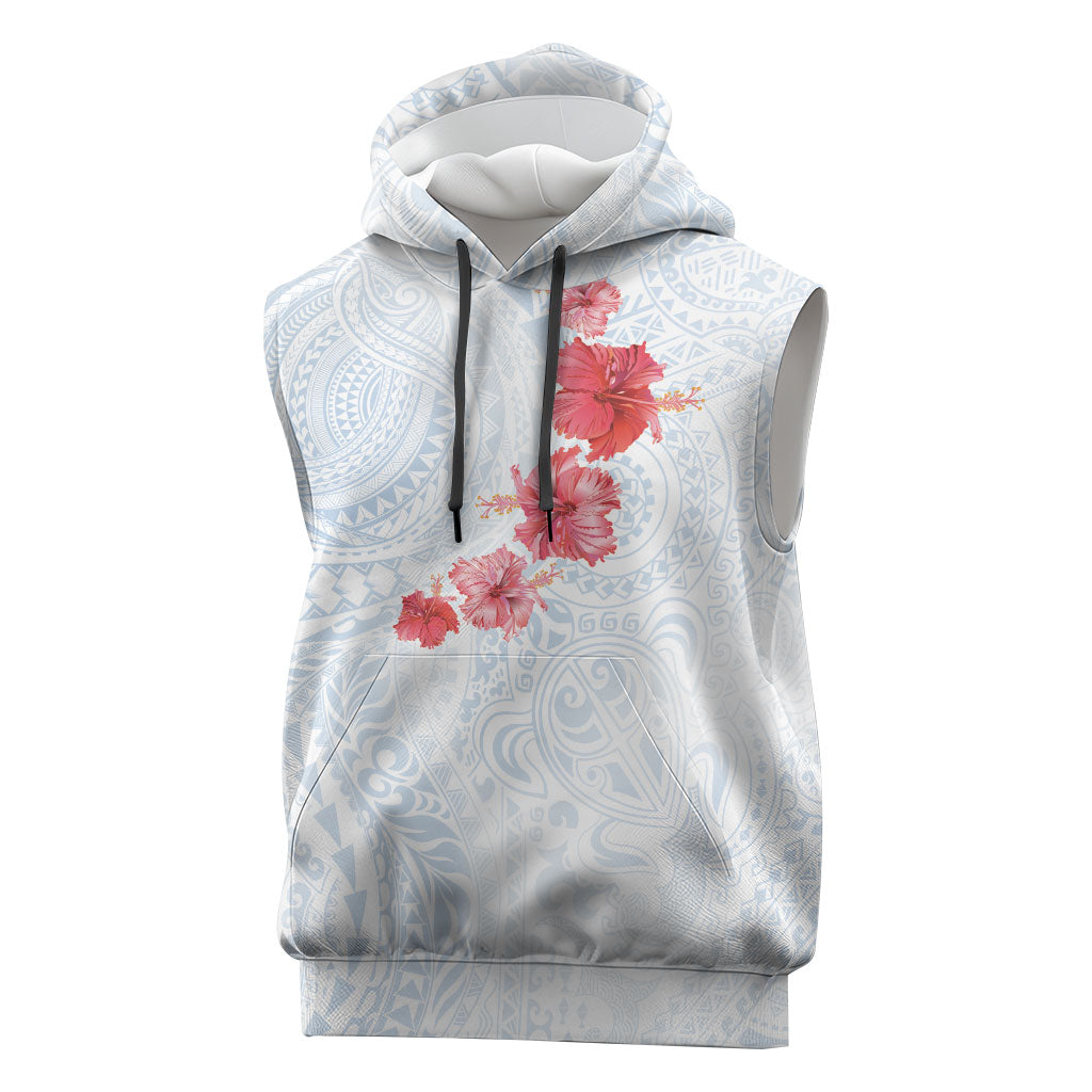 Hawaiian Tribal Tattoo and Hibiscus Sleeveless Hoodie Polynesian Pattern Airy White Blue Cloud