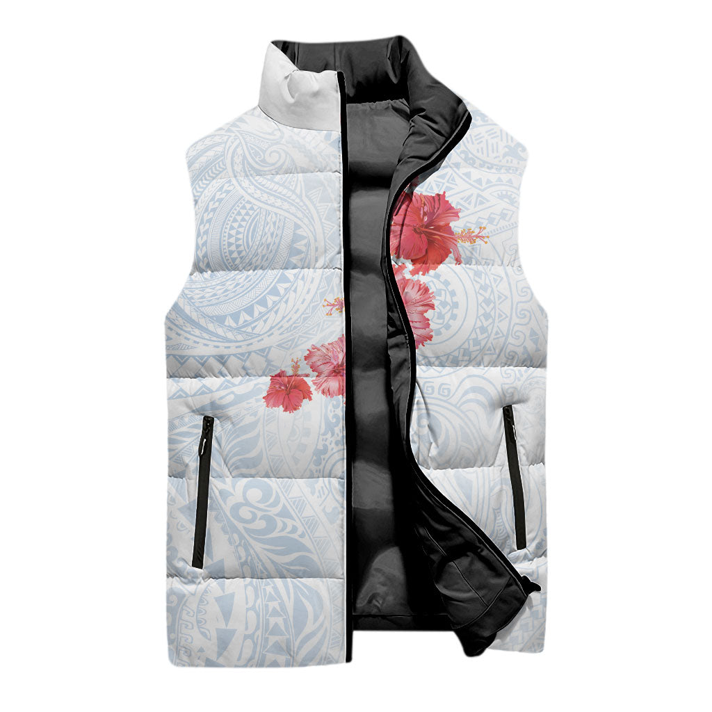 Hawaiian Tribal Tattoo and Hibiscus Sleeveless Puffer Jacket Polynesian Pattern Airy White Blue Cloud