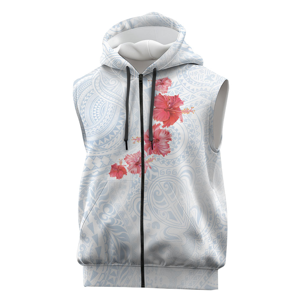 Hawaiian Tribal Tattoo and Hibiscus Sleeveless Zip Hoodie Polynesian Pattern Airy White Blue Cloud