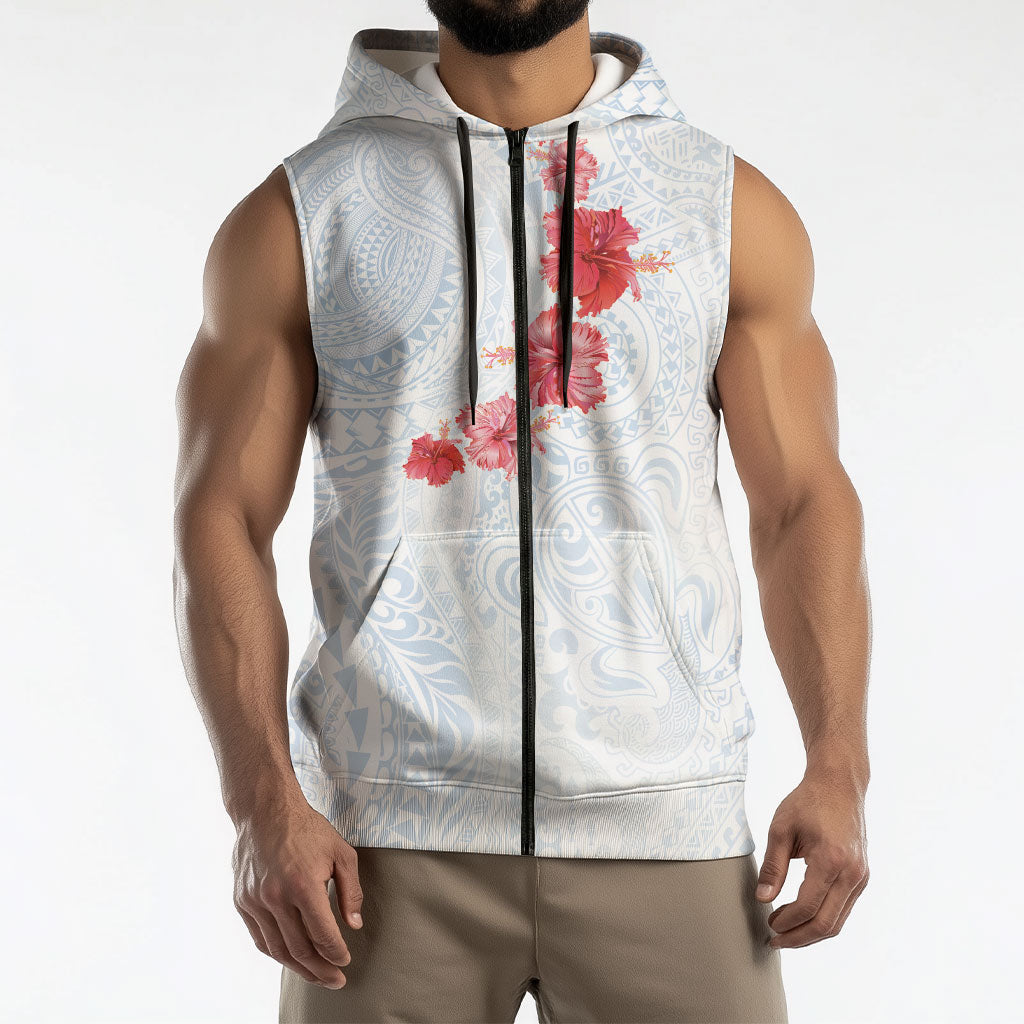 Hawaiian Tribal Tattoo and Hibiscus Sleeveless Zip Hoodie Polynesian Pattern Airy White Blue Cloud