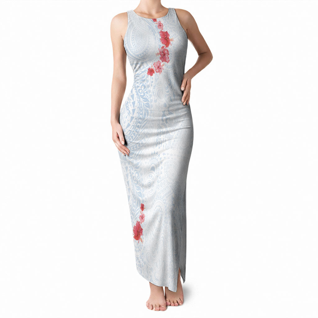 Hawaiian Tribal Tattoo and Hibiscus Tank Maxi Dress Polynesian Pattern Airy White Blue Cloud
