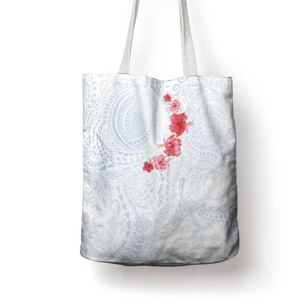 Hawaiian Tribal Tattoo and Hibiscus Tote Bag Polynesian Pattern Airy White Blue Cloud