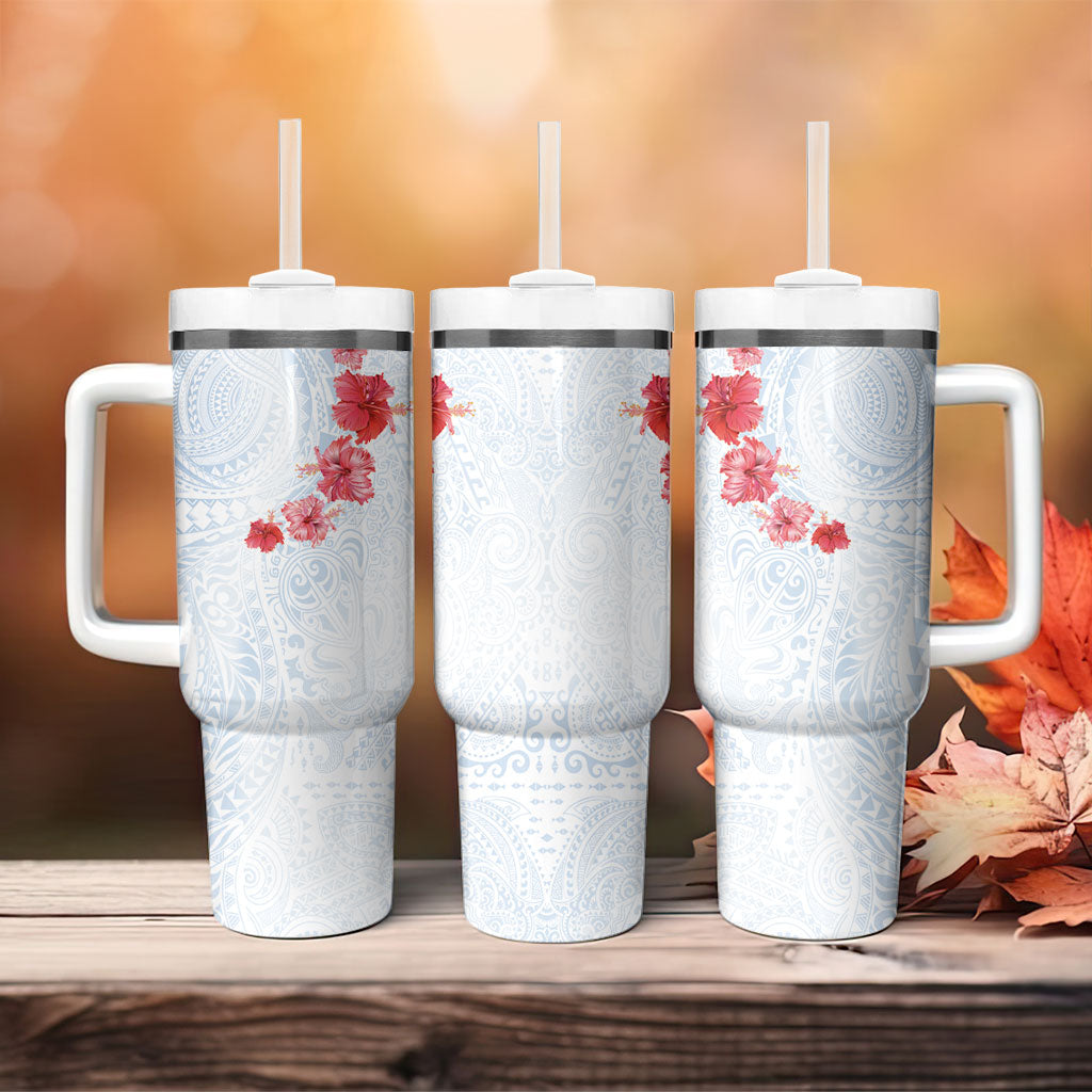 Hawaiian Tribal Tattoo and Hibiscus Tumbler With Handle Polynesian Pattern Airy White Blue Cloud