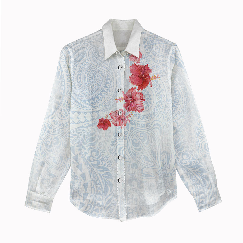 Hawaiian Tribal Tattoo and Hibiscus Women Casual Shirt Polynesian Pattern Airy White Blue Cloud