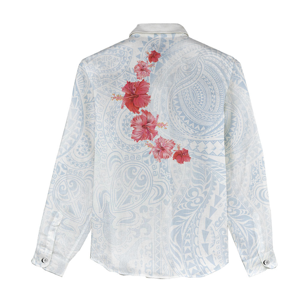 Hawaiian Tribal Tattoo and Hibiscus Women Casual Shirt Polynesian Pattern Airy White Blue Cloud
