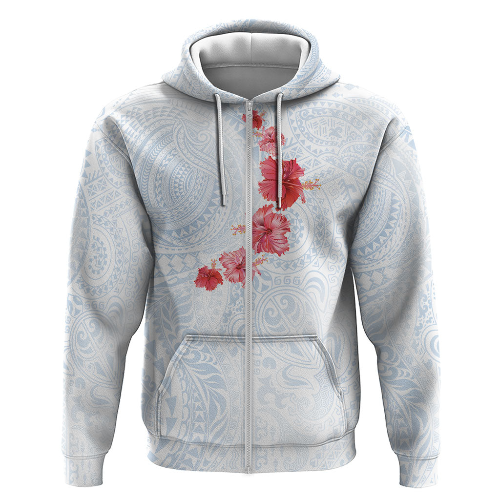 Hawaiian Tribal Tattoo and Hibiscus Zip Hoodie Polynesian Pattern Airy White Blue Cloud