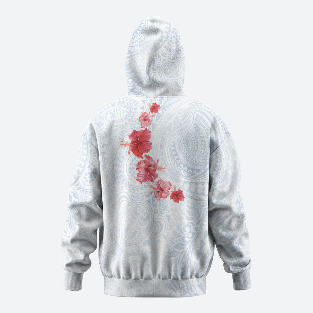 Hawaiian Tribal Tattoo and Hibiscus Zip Hoodie Polynesian Pattern Airy White Blue Cloud