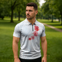 Hawaiian Tribal Tattoo and Hibiscus Zipper Polo Shirt Polynesian Pattern Airy White Blue Cloud