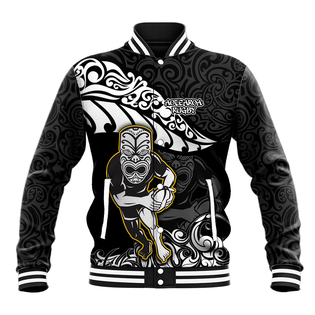 New Zealand Rugby Baseball Jacket Maori Warrior Rugby Silver Fern Tribal Pattern LT03 Unisex Black - Polynesian Pride