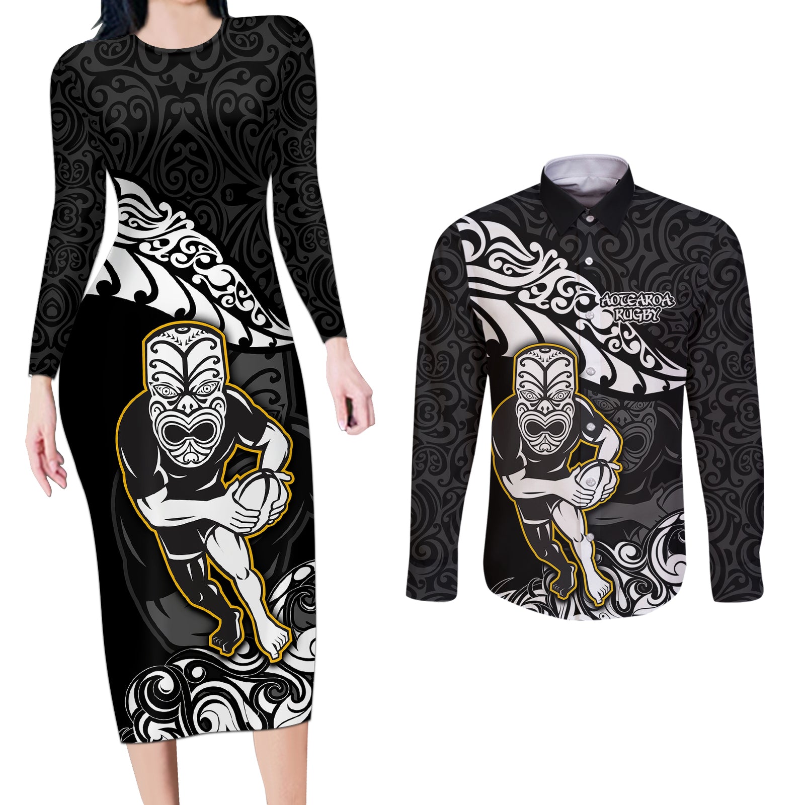 New Zealand Rugby Couples Matching Long Sleeve Bodycon Dress and Long Sleeve Button Shirts Maori Warrior Rugby Silver Fern Tribal Pattern LT03 Black - Polynesian Pride