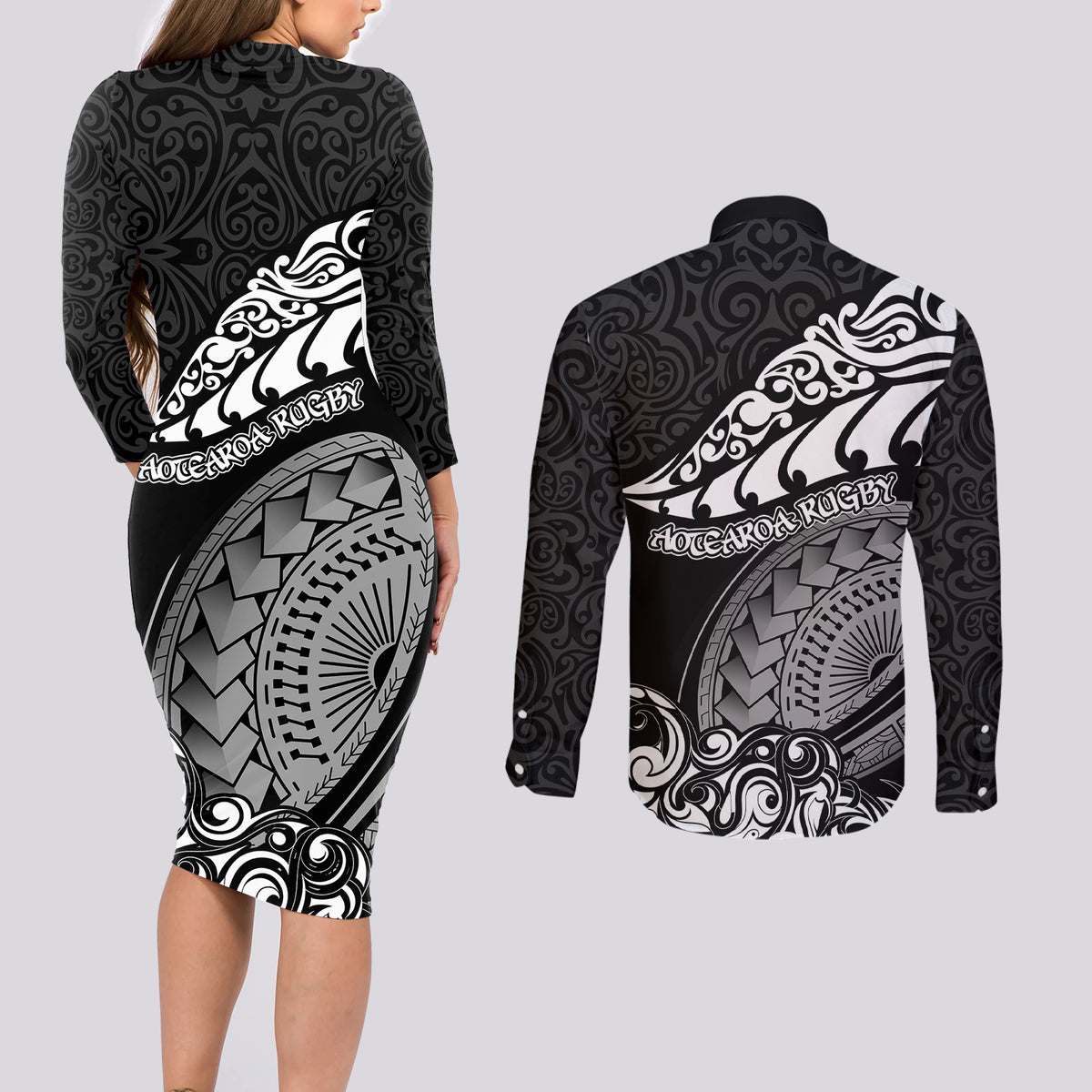 New Zealand Rugby Couples Matching Long Sleeve Bodycon Dress and Long Sleeve Button Shirts Maori Warrior Rugby Silver Fern Tribal Pattern LT03 - Polynesian Pride