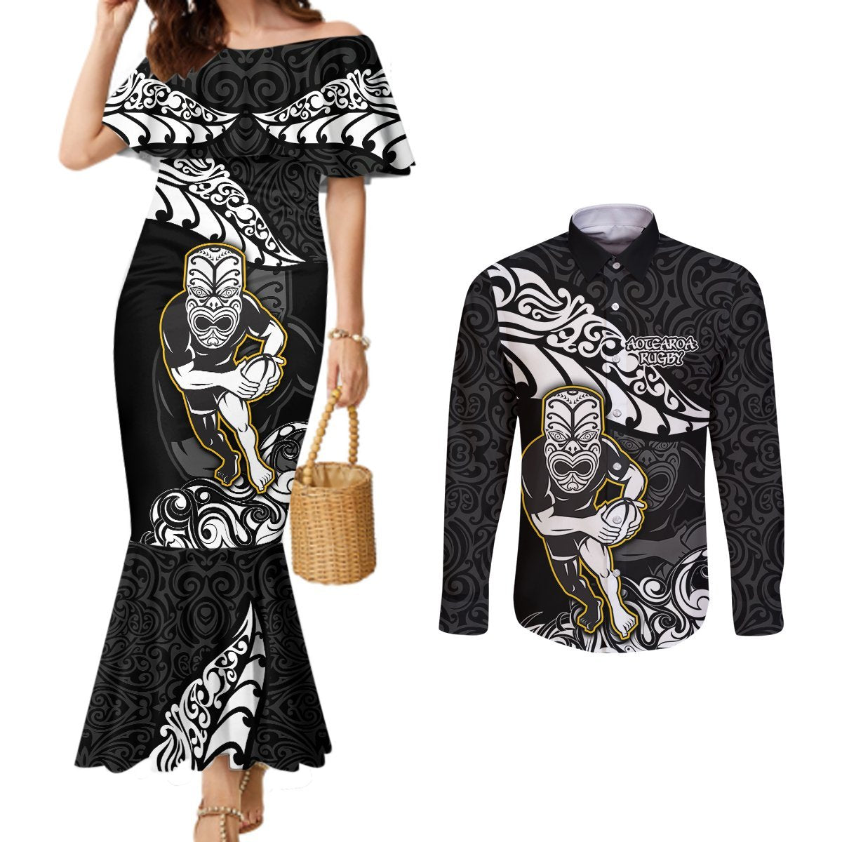 New Zealand Rugby Couples Matching Mermaid Dress and Long Sleeve Button Shirts Maori Warrior Rugby Silver Fern Tribal Pattern LT03 Black - Polynesian Pride