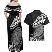 New Zealand Rugby Couples Matching Off Shoulder Maxi Dress and Hawaiian Shirt Maori Warrior Rugby Silver Fern Tribal Pattern LT03 - Polynesian Pride