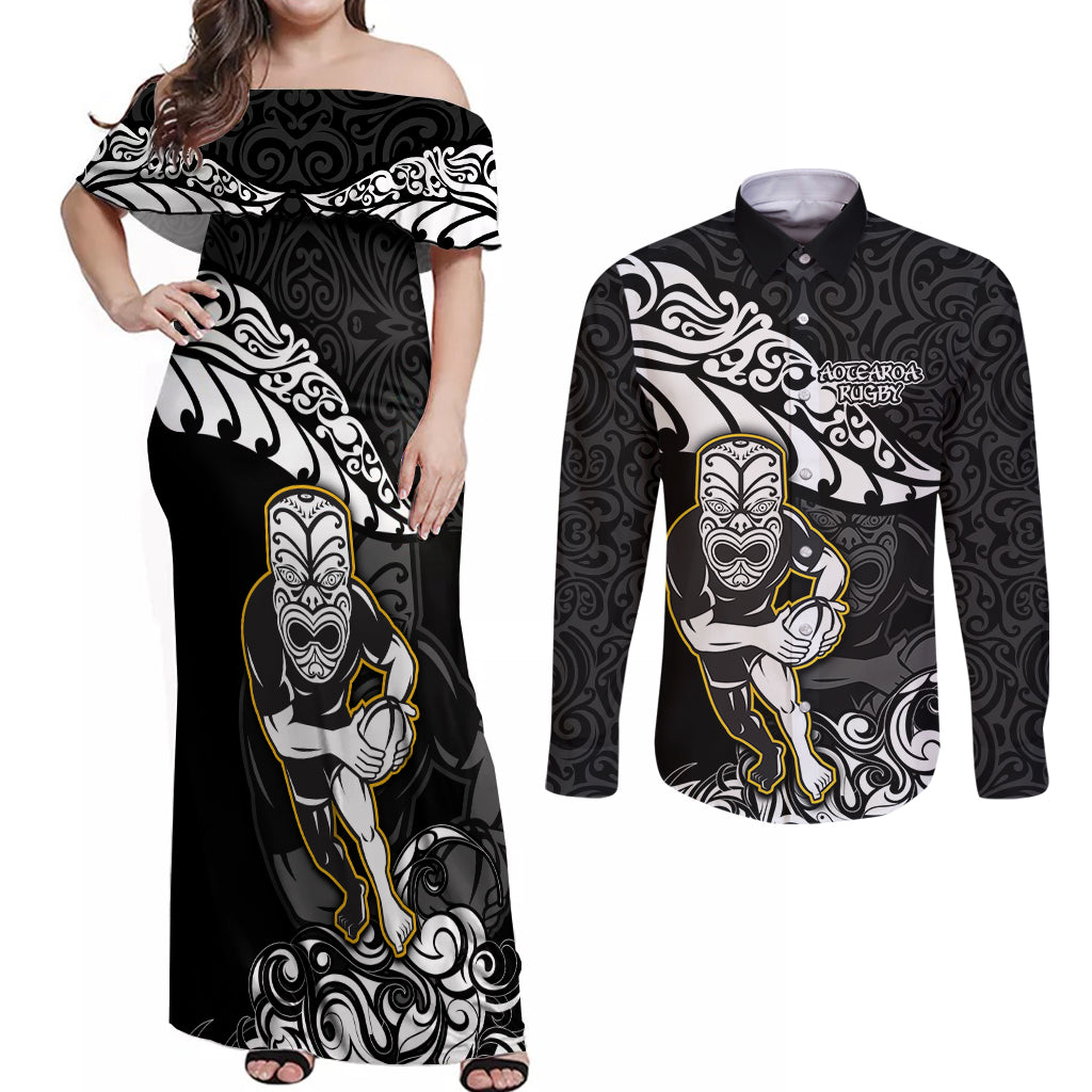 New Zealand Rugby Couples Matching Off Shoulder Maxi Dress and Long Sleeve Button Shirts Maori Warrior Rugby Silver Fern Tribal Pattern LT03 Black - Polynesian Pride