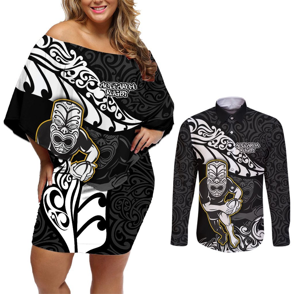 New Zealand Rugby Couples Matching Off Shoulder Short Dress and Long Sleeve Button Shirts Maori Warrior Rugby Silver Fern Tribal Pattern LT03 Black - Polynesian Pride