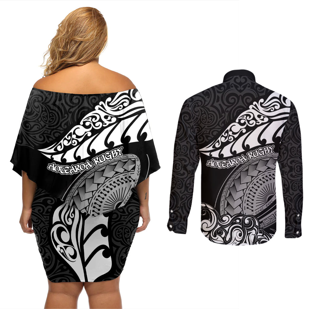 New Zealand Rugby Couples Matching Off Shoulder Short Dress and Long Sleeve Button Shirts Maori Warrior Rugby Silver Fern Tribal Pattern LT03 - Polynesian Pride