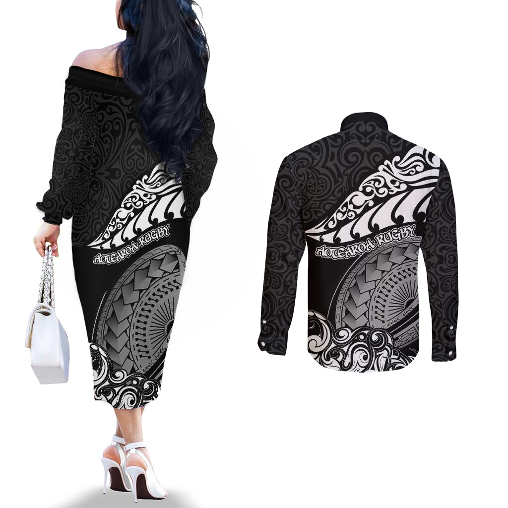 New Zealand Rugby Couples Matching Off The Shoulder Long Sleeve Dress and Long Sleeve Button Shirts Maori Warrior Rugby Silver Fern Tribal Pattern LT03 - Polynesian Pride