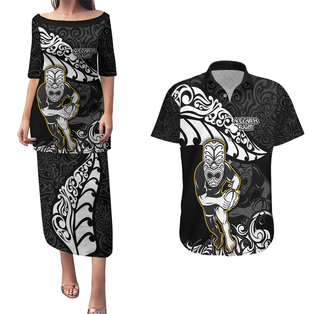 New Zealand Rugby Couples Matching Puletasi Dress and Hawaiian Shirt Maori Warrior Rugby Silver Fern Tribal Pattern LT03 Black - Polynesian Pride