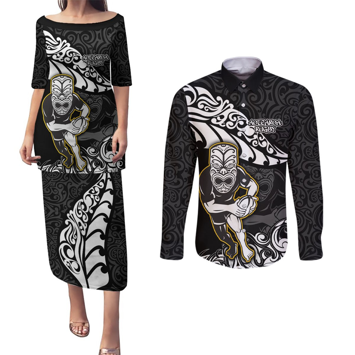 New Zealand Rugby Couples Matching Puletasi Dress and Long Sleeve Button Shirts Maori Warrior Rugby Silver Fern Tribal Pattern LT03 Black - Polynesian Pride