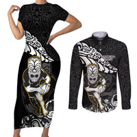 New Zealand Rugby Couples Matching Short Sleeve Bodycon Dress and Long Sleeve Button Shirts Maori Warrior Rugby Silver Fern Tribal Pattern LT03 Black - Polynesian Pride